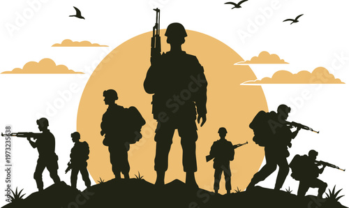 Army Soldiers Silhouette Sunset Scene Minimal Flat Vector Illustration