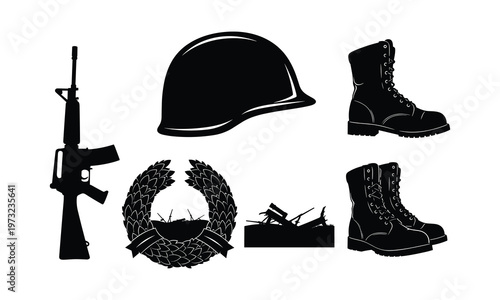 Soldier equipment silhouette vector illustration collection with helmet rifle and boots.