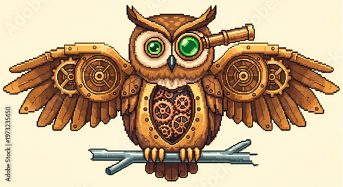 Steampunk Mechanical Owl with Gear and Telescope Pixel Art