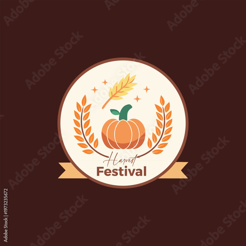 A colorful logo with a pumpkin and leaves on a maroon background