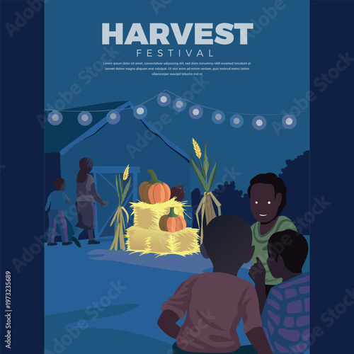 Harvest festival poster with children and cornucopia