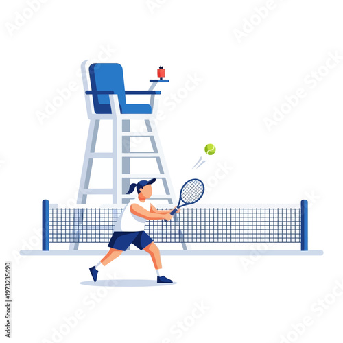 Tennis Player Hitting Ball Near Umpire Chair and Net - Flat Illustration