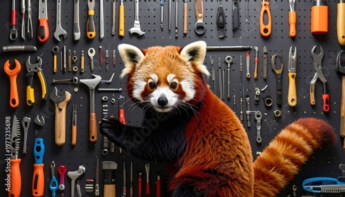 Red panda surrounded by tools on a pegboard, creating an organized workshop scene