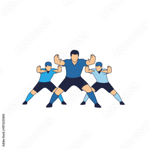 Three Men in Blue Uniforms Performing Martial Arts Moves