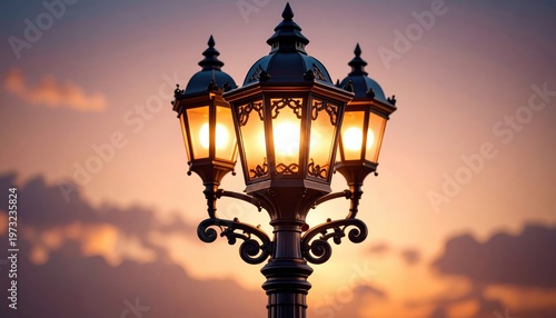 Illuminated urban lantern casting a warm glow against the twilight sky background