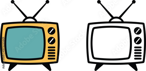 Retro television vector set, vintage TV icons, cartoon style old media illustration