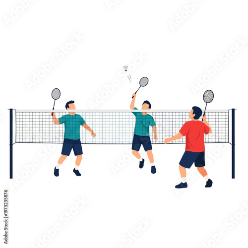 Three men playing badminton outdoors on a court with a net, hitting shuttlecock with rackets.