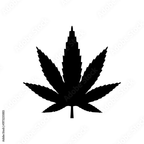 Black silhouette of a cannabis or marijuana leaf isolated on white