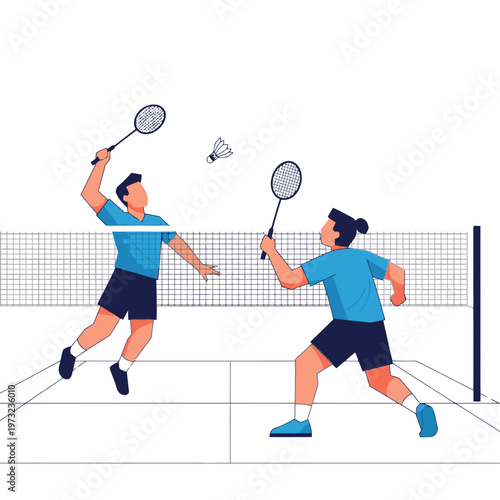 Two men playing badminton, action shot, sports illustration, flat design