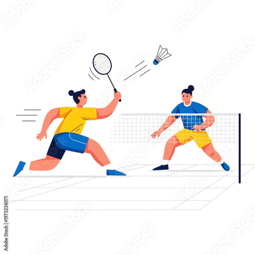 Two people playing badminton on a court, athletic competition, sports illustration