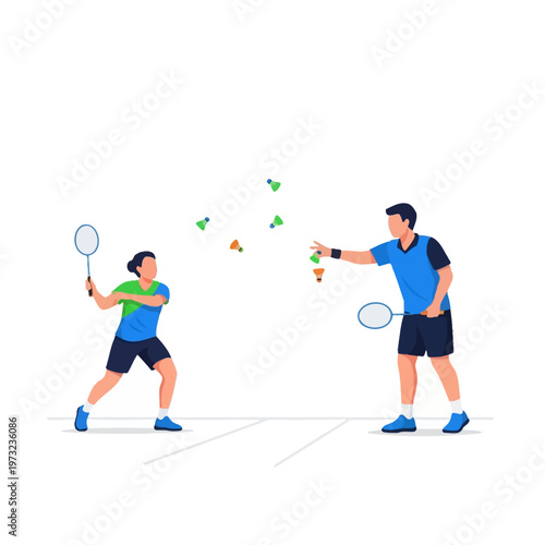 Two people playing badminton, one serving shuttlecock, white background, flat design illustration.