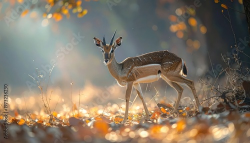 Young deer standing in a sunlit autumn forest floor covered with leaves.