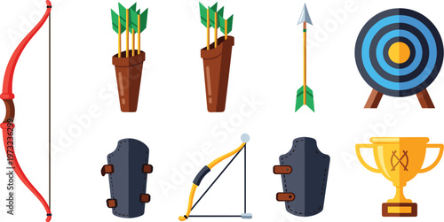 Archery Sports and Competition Icon Set Featuring Traditional Bows Arrows Quivers Target Board Arm Guards and Championship Trophy for Tournament Design