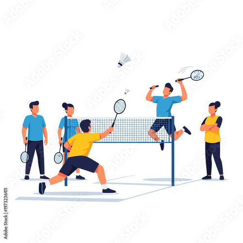 Active Badminton Game: People Playing Doubles Match with Shuttlecock and Racquets