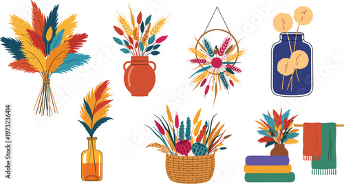 Boho Style Collection of Dried Pampas Grass and Floral Arrangements in Vases Baskets and Wreaths for Interior Home Decor and Modern Autumn Wedding Stationery Designs