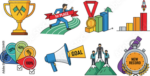 Business Competition and Success Icon Set Featuring Trophy, Medal, Goal Achievement, Growth Chart, Professional Runner, and New Record Symbols for Career Growth.