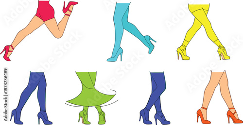 Colorful Fashion Female Legs Icon Set Featuring High Heel Shoes, Boots, and Stylish Skirts for Beauty, Footwear, and Apparel Marketing Designs