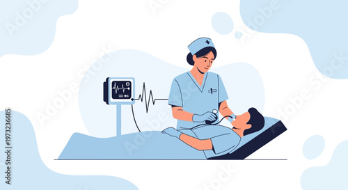 Nurse performing medical examination on patient with vital signs monitor