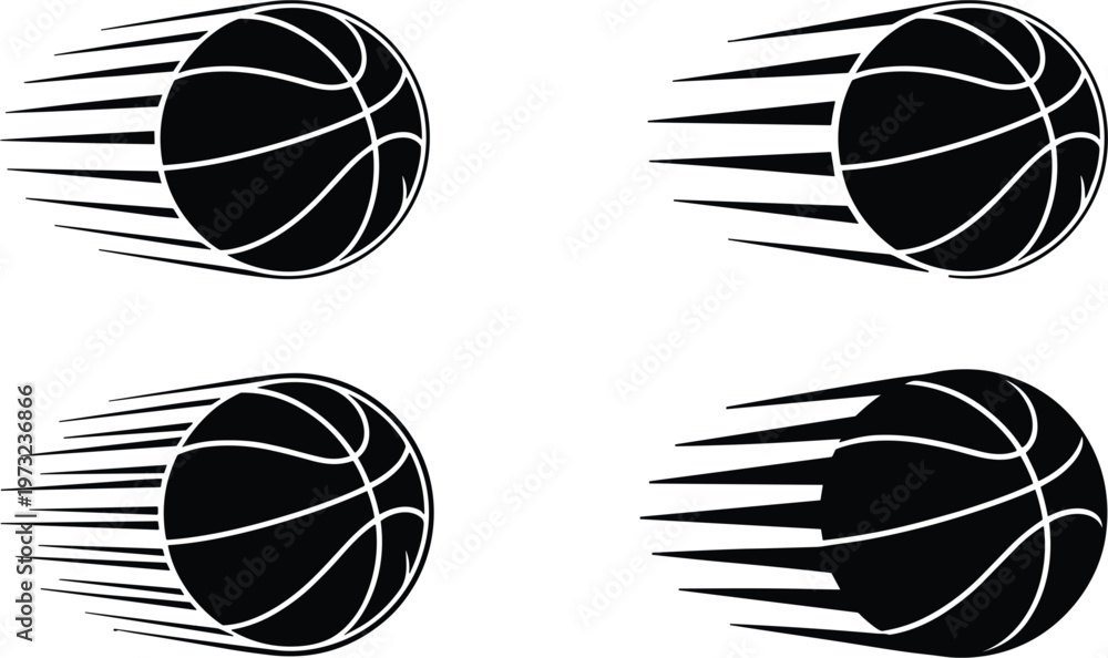 Obraz premium Basketball motion silhouettes vector set, fast flying ball icons, dynamic sport illustration