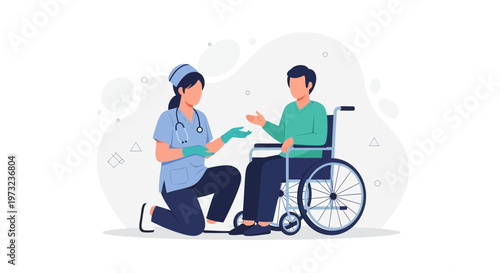 Nurse helping patient in wheelchair, medical care and support concept