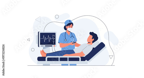 Nurse checks patient's vitals on monitor in hospital room, medical care concept
