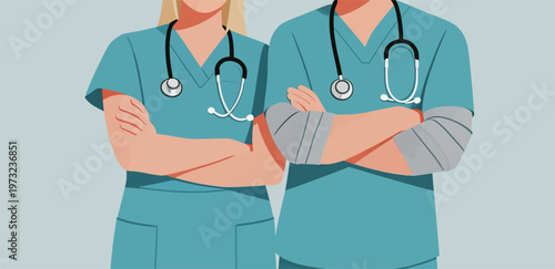 Two Medical Workers in Scrubs with Stethoscopes