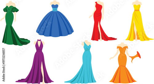 Elegant Evening Gown Vector Set Featuring Colorful Formal Dresses Ball Gowns and Prom Outfits for Fashion Design Bridal Boutique and Red Carpet Illustrations