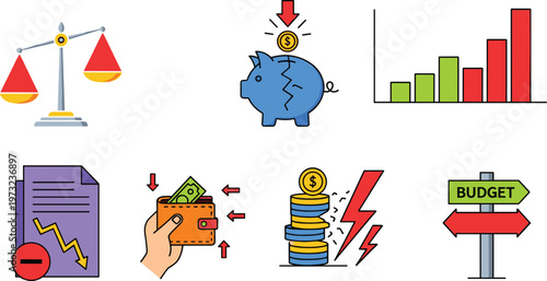 Financial Crisis and Budget Management Icon Set Featuring Broken Piggy Bank Stock Market Loss Wallet and Economic Inflation Symbols for Business Design