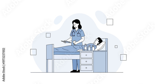 Nurse caring for patient in hospital bed, medical checkup, healthcare illustration