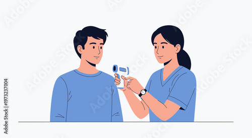 Nurse checks patient's temperature with infrared thermometer, healthcare concept