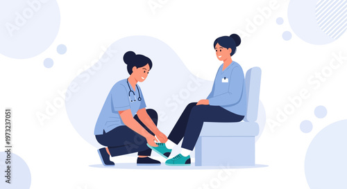 Nurse helps patient put on shoes, medical care, healthcare assistance, doctor support