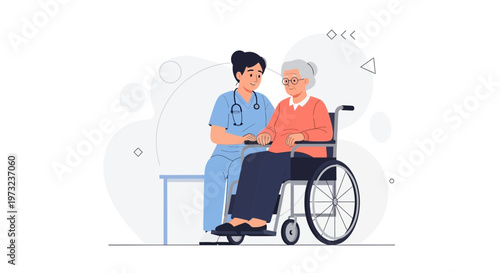 Nurse caring for elderly woman in wheelchair, healthcare, support, medical assistance