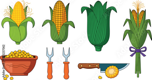 Fresh Corn on the Cob Vector Icon Set Featuring Sweet Corn Ears Kernels in Bowl Knife and Holders for BBQ Menus Farming and Healthy Cooking Designs