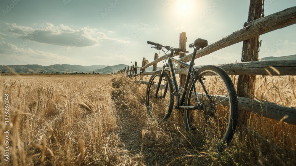 Naklejka premium Bicycle leaning against wooden fence during countryside tour in golden summer field with sunlight and mountains in background creating peaceful rural atmosphere
