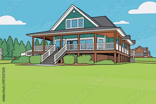 Cartoon Style Single Family Home with Porch