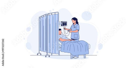 Nurse checks patient's vital signs in hospital room with privacy curtain