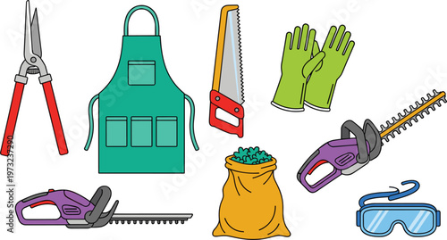 Gardening and Landscaping Tool Icon Set Featuring Power Hedge Trimmers Hand Saw Apron Shears Gloves and Safety Goggles for Yard Maintenance and Professional Service Branding