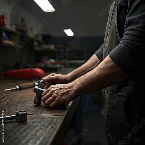 Mechanic working on a machine with tools in auto repair shop