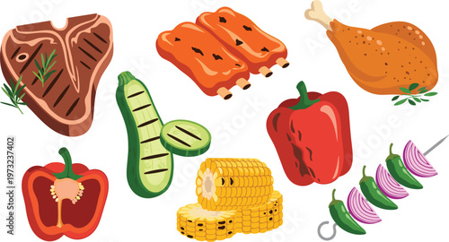 Grilled Food and BBQ Icon Set Featuring Steak, Ribs, Roasted Chicken, Corn, Bell Peppers, Zucchini, and Shish Kabob for Picnic and Restaurant Design.