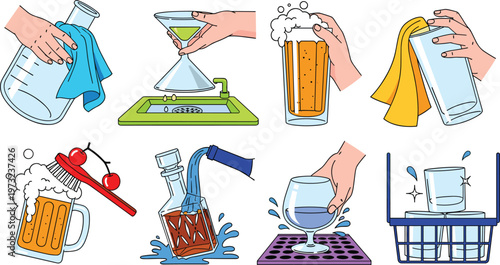 Hand Holding Bar Glassware Icon Set Featuring Beer Mugs Cocktails and Glass Cleaning Process for Restaurant Menus Bar Service and Brewery Branding Illustrations