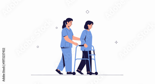 Nurse assisting elderly woman with walker, rehabilitation and care concept