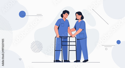 Nurse assisting elderly patient with walker, rehabilitation and care concept