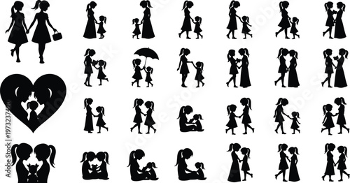 Mother and daughter silhouettes collection featuring loving moments happy family motherhood bond woman and child girl together flavector vector illustrations