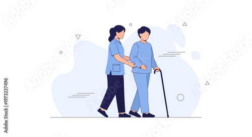 Nurse assisting elderly patient with cane, healthcare, support, medical care