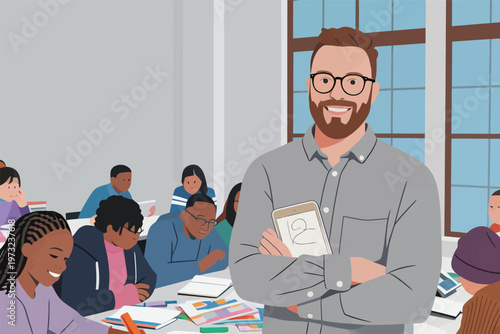 Male Teacher in Classroom with Diverse Students