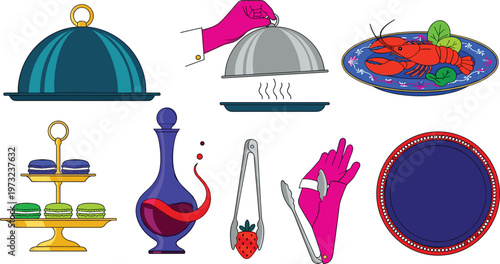 Luxury Fine Dining and Catering Service Icon Set Featuring Cloche Lobster Platter Macarons Wine Decanter and Gourmet Food Presentation for Upscale Restaurant Menu Design