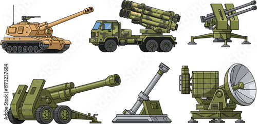 Military Artillery and Defense System Icon Set Featuring Pixel Art Tank Missile Launcher Radar and Heavy Weaponry for Games and Digital Media Designs