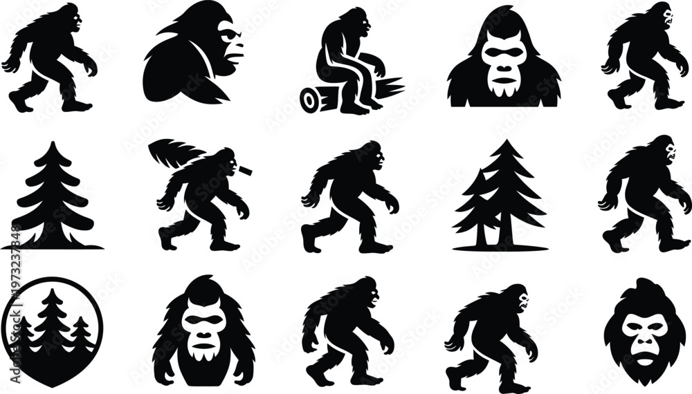 Obraz premium Silhouette Bigfoot Sasquatch Icons Set. Forest, Myth, Creature, Vector Illustration