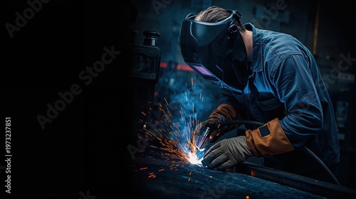 Welder at work, welding metal with sparks and protective mask