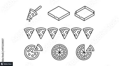 Black and white line drawing of various pizza slices and boxes on white background